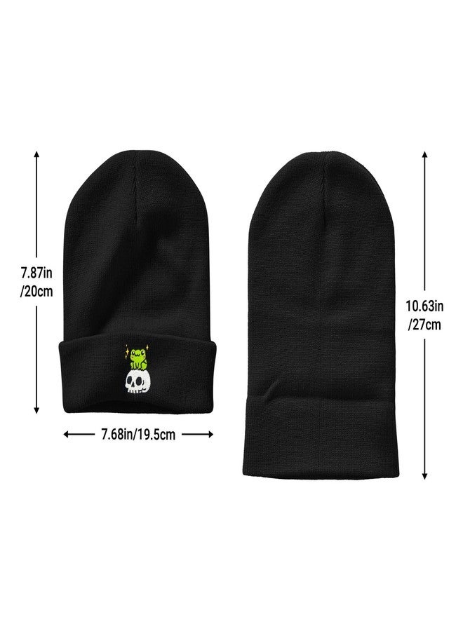 AIMASTZ Cute Frog Skeleton Embroidered Beanie Knit Hat for Men Women, Halloween Goth Graphic Winter Black Skull Cap - Image 3